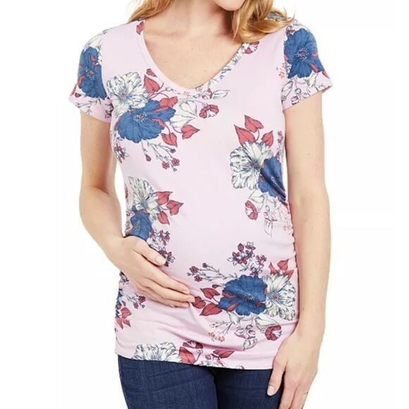Motherhood Maternity Pink Floral Ruched Sides V Neck T-Shirt sz Medium - Picture 1 of 6
